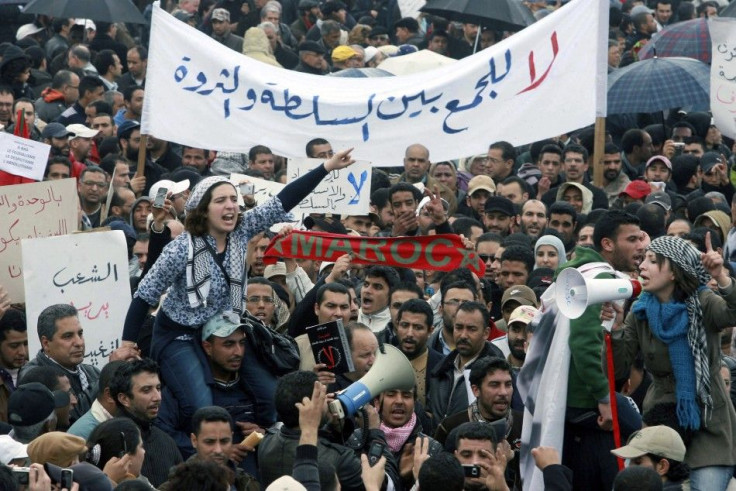 People chant slogans during a protest in Casablanca