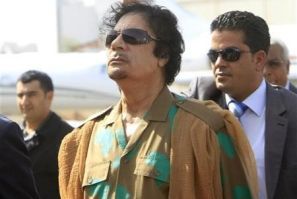Libyan leader Muammar Gaddafi arrives at Khartoum airport, Sudan, 
