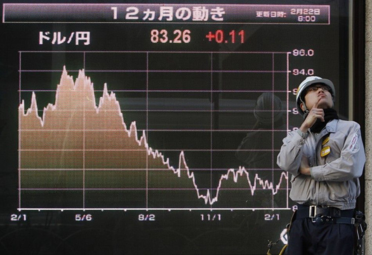 Construction worker stands in front of electronic board displaying graph showing movement of Japanese Yen's exchange rate against U.S. dollar in past year outside brokerage in Tokyo