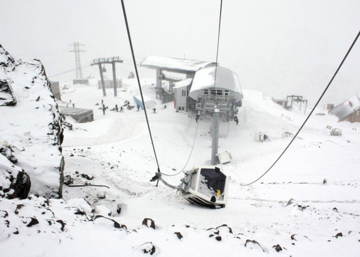 The damaged cabin of a cable car, which was blown up by attackers, is seen near Mount Elbrus in Kabardino-Balkaria in Russia's North Caucasus region.