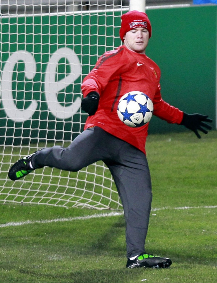 Manchester United's Wayne Rooney attempts a volley during a training session at Marseille's Stade Velodrome.