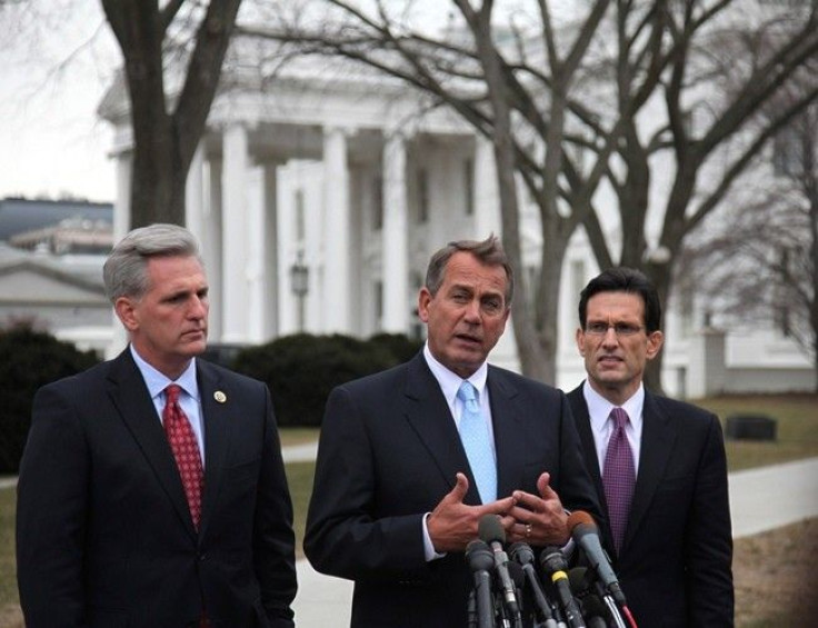 U.S House Speaker John Boehner (C), House Majority Leader Eric Cantor (R-VA) and Majority Whip Kevin McCarthy (R-CA) speak to the press outside the White House following their lunch meeting with U.S. President Barack Obama, February 9, 2011.