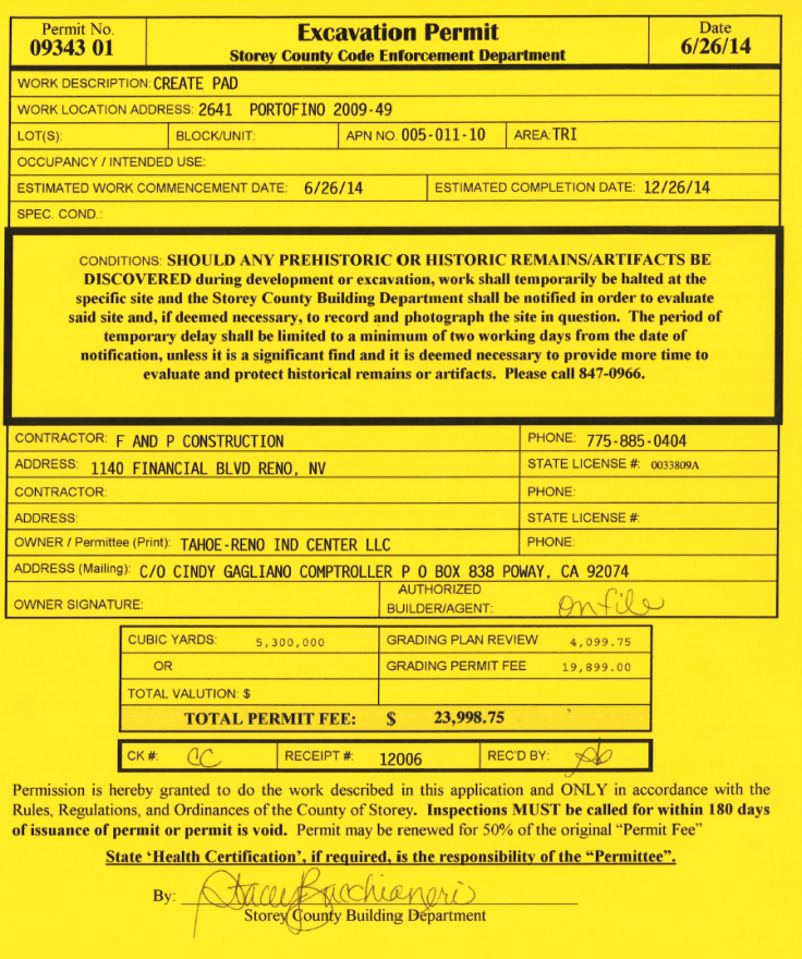 Storey County Excavation permit