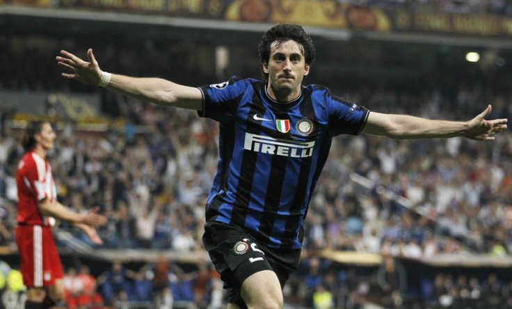 Inter Milan's Milito celebrates after scoring his second goal against Bayern Munich during their Champions League final soccer match in Madrid.