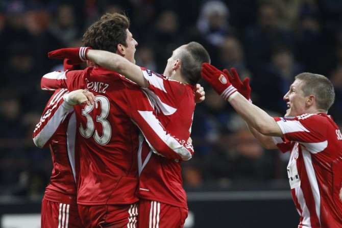 Bayern Munich's Gomez celebrates with his teammates after scoring against Inter Milan during their Champions League soccer match at the San Siro stadium in Milan.