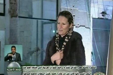 Libyan leader Muammar Gaddafi's daughter Aisha speaks during an interview on state television, in this still image taken from video