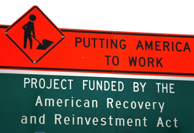 A sign announces a section of road work funded by the American Recovery and Reinvestment Act U.S. economic stimulus plan in the Denver area