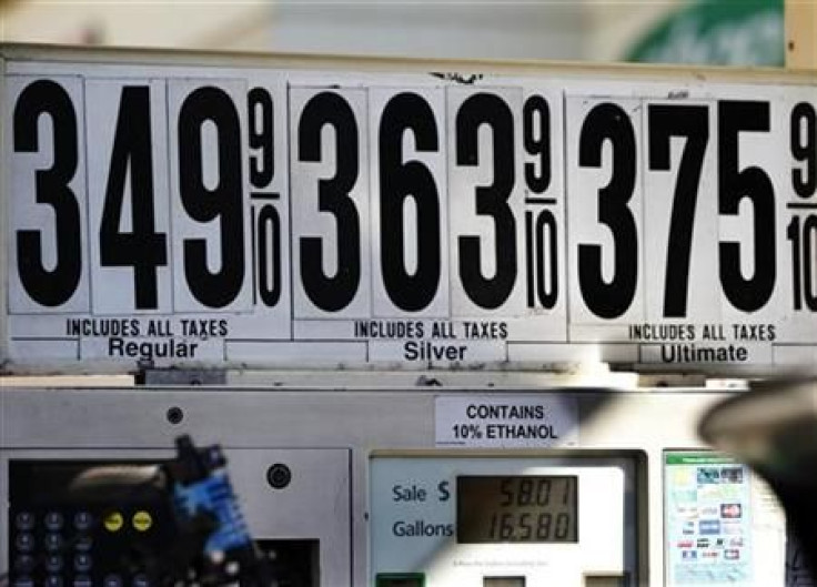 Gas prices are seen at a petrol station in New York