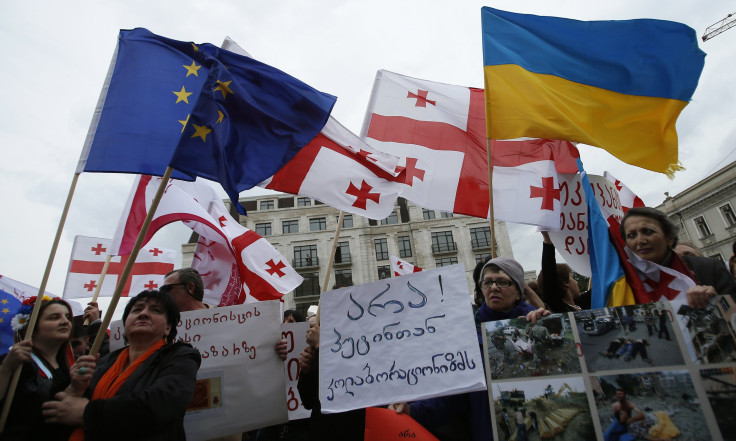 Ukrainian And Georgian Flags Fly During Protests In Tblisi