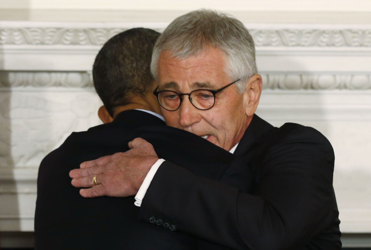 Hagel And Obama Embrace After The Secretary Of Defense Resigned