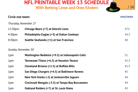 NFL week 13 print out office pool Thanksgiving games schedule
