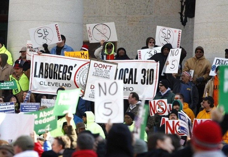A large group of union supporters gather on the steps of the Ohio Statehouse to rally against Senate Bill 5 in Columbus, Ohio, March 1, 2011.