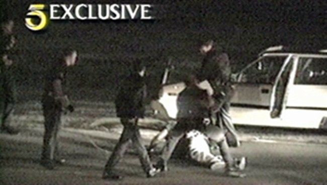 A video grab provided by KTLA.com taken from video shot by George Holliday is seen from the origianl broadcast of the video on KTLA-TV on March 3, 1991.