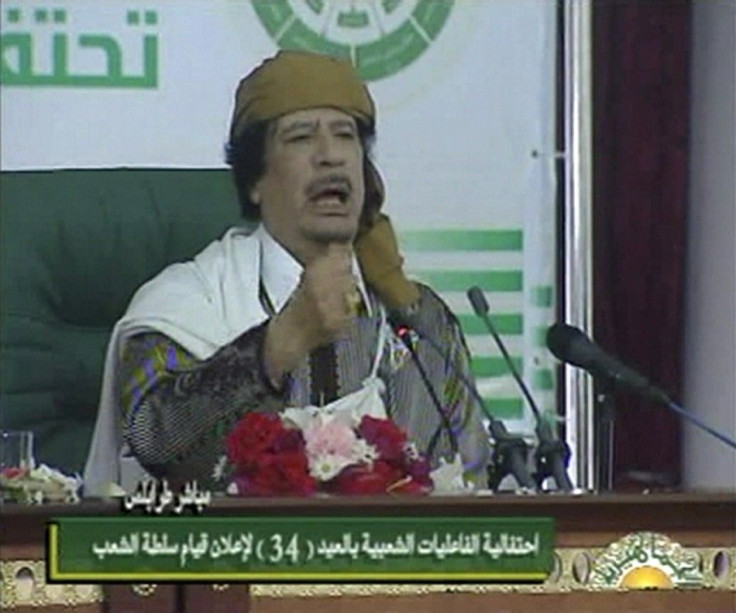 Image from video shows Libyan leader Gaddafi speaking at an event in Tripoli