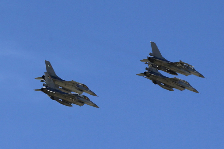 Aircraft from the Jordanian Air Force fly in formation 