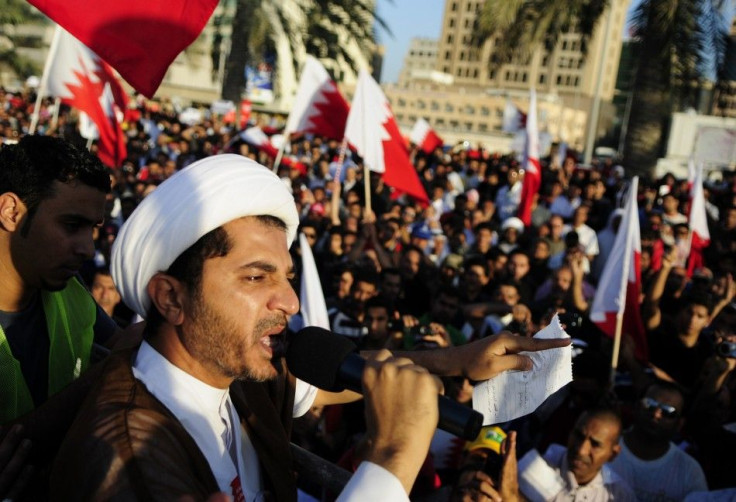 Head of Al Wafaq Society, Sheikh Ali Salman, speaks during an anti-government protest at Bahrian's Foreign Ministry in Manama