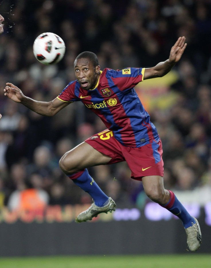 Barcelona's Keita heads the ball against Zaragoza during their Spanish First Division match at Nou Camp stadium in Barcelona.