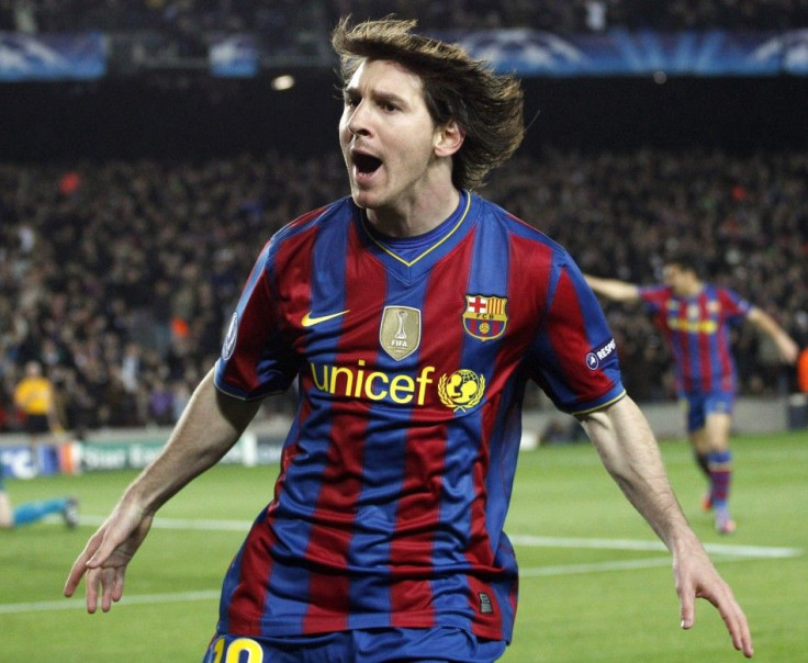 Messi celebrates one of his four goals in the 2010 UCL quarterfinal against Arsenal.
