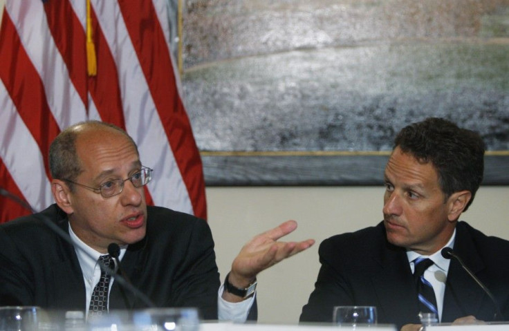 FTC Chairman Leibowitz speaks as U.S. Treasury Secretary Geithner looks on as they discuss efforts being made to combat mortgage modification fraud at a meeting at the Treasury Department in Washington