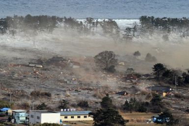 Houses are swept by a tsunami in Natori City in northeastern Japan