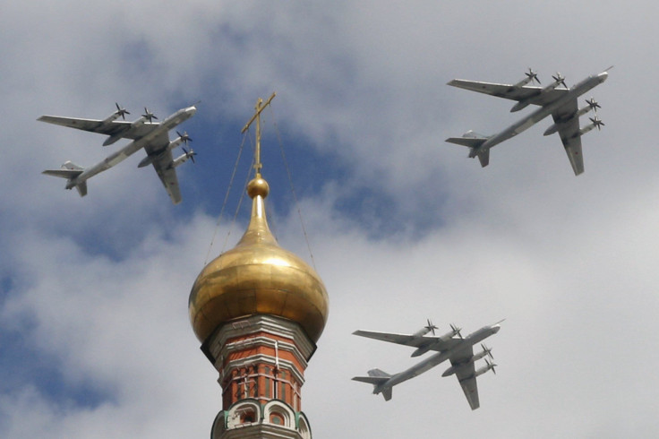 Russian bombers fly in formation over Moscow. 