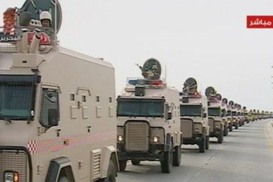 Saudi Arabian troops cross the causeway leading to Bahrain in this still image taken from video March 14, 2011.