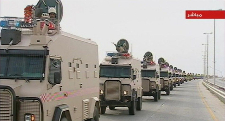 Saudi Arabian troops cross the causeway leading to Bahrain in this still image taken from video March 14, 2011.