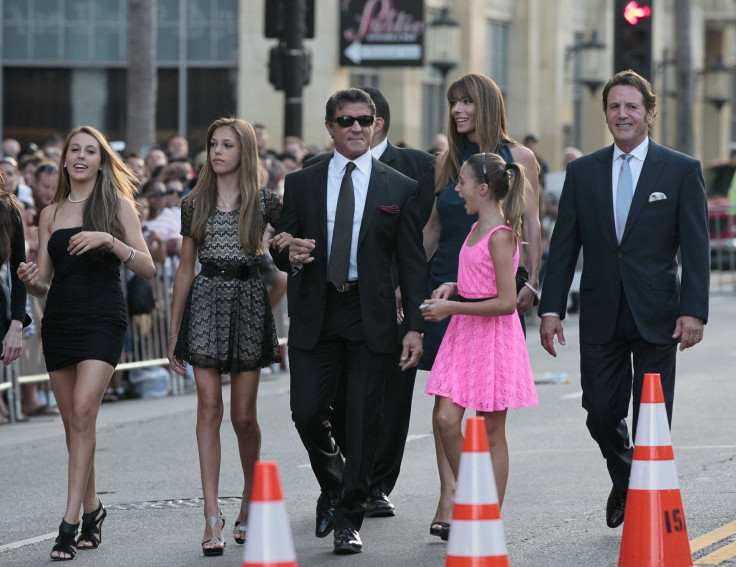[9:03] Cast member Sylvester Stallone arrives with his wife Jennifer Flavin and their daughters Sophia (L), Sistine (2nd L), Scarlet and his brother Frank (R) at the premiere of "The Expendables 2" 
