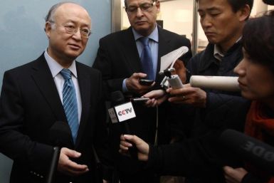 International Atomic Energy Agency IAEA Director General Amano addresses the media at the airport of Vienna