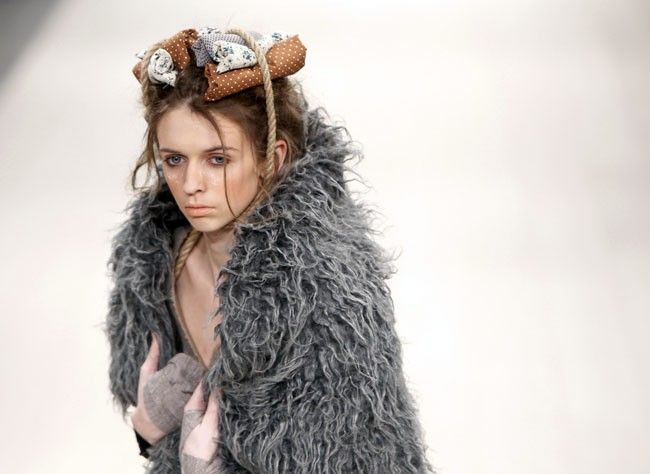 A model presents a creation by Ukrainian designer Burenina during Ukrainian Fashion Week in Kiev