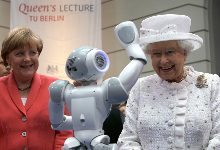 [10:17] German Chancellor Angela Merkel and Britain's Queen Elizabeth smile as a robot waves during their visit at the Technical University of Berlin (TU Berlin) in Berlin