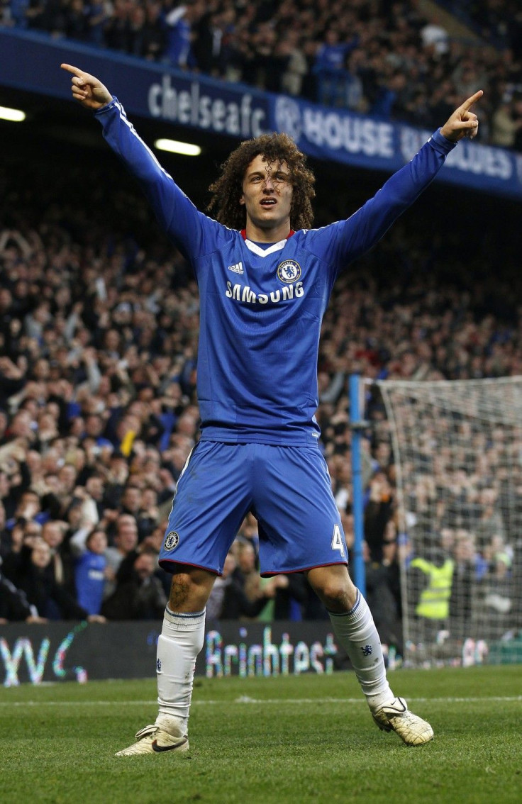 Chelsea's Luiz celebrates his goal during their English Premier League soccer match against Manchester City at Stamford Bridge in London.