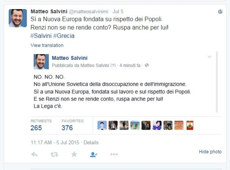 Matteo Salvini of the Lega Nord Tweet