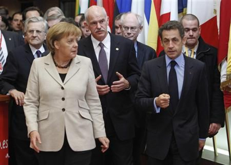 ECB President Trichet, Germany's Angela Merkel, Greece's Prime Minister Papandreou EU Council President Van Rompuy and France's President Sarkozy leave the EU Council building in Brussels - file photo.