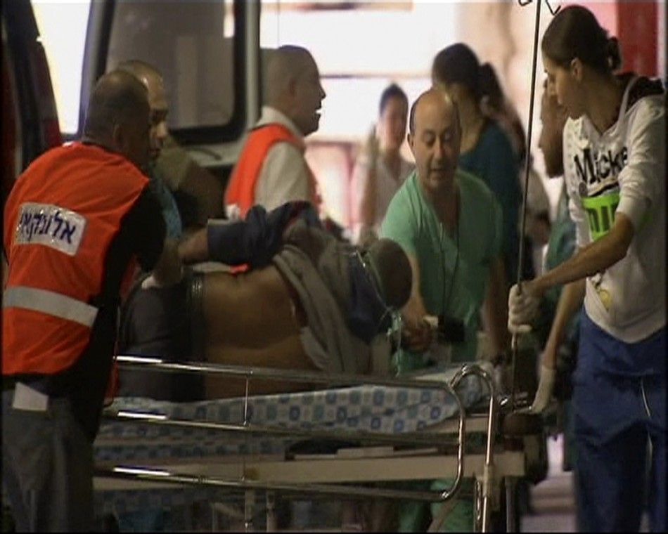 A victim of an explosion near a bus in Jerusalem arrives at hospital in this still image taken from video