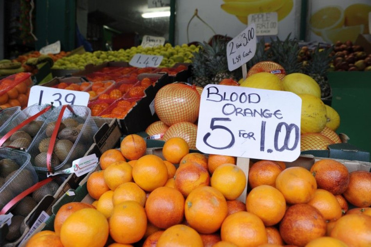 Fruit and vegetables are displayed for sale outside a shop in east London.