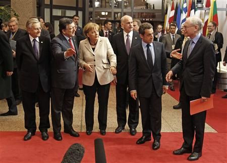 ECB President Trichet EC President Barroso Germany's Angela Merkel, Greece's Prime Minister Papandreou EU Council President Van Rompuy and France's President Sarkozy leave the EU Council building in Brussels