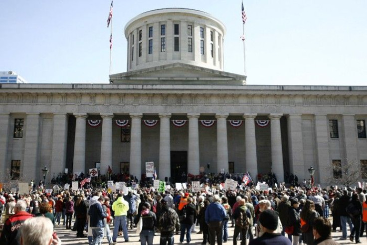 Union supporters file into the Ohio Statehouse as Gov. John Kasich delivers the State of the State address in Columbus