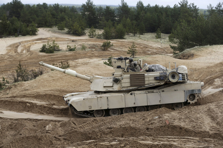 An Abrams Tank pivots during military exercises 