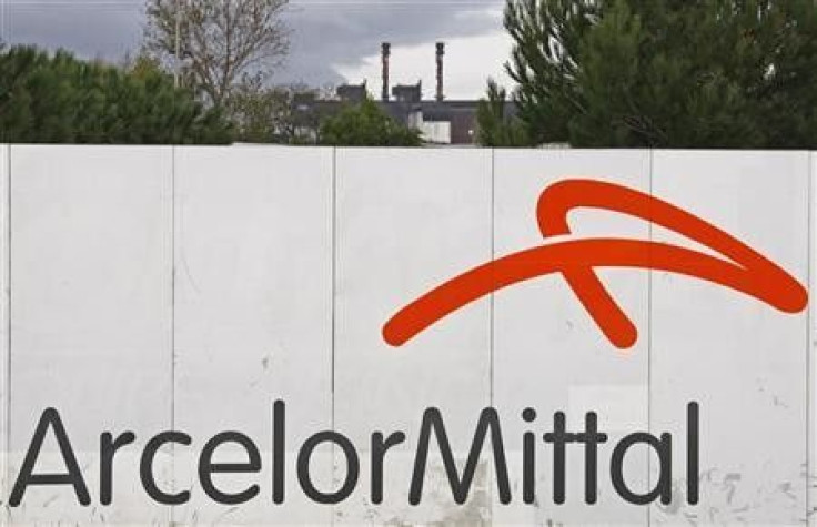 The logo of the ArcelorMittal's steel plant is seen on the site of Fos-sur-Mer near Marseille
