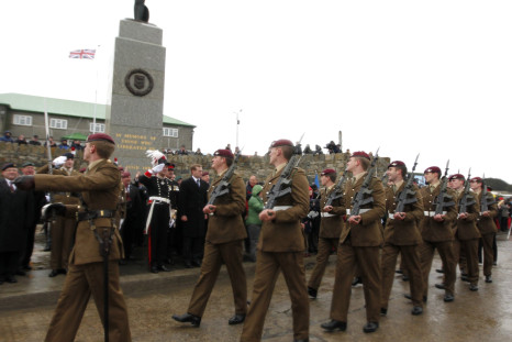 Soldiers march in the Falklands. 
