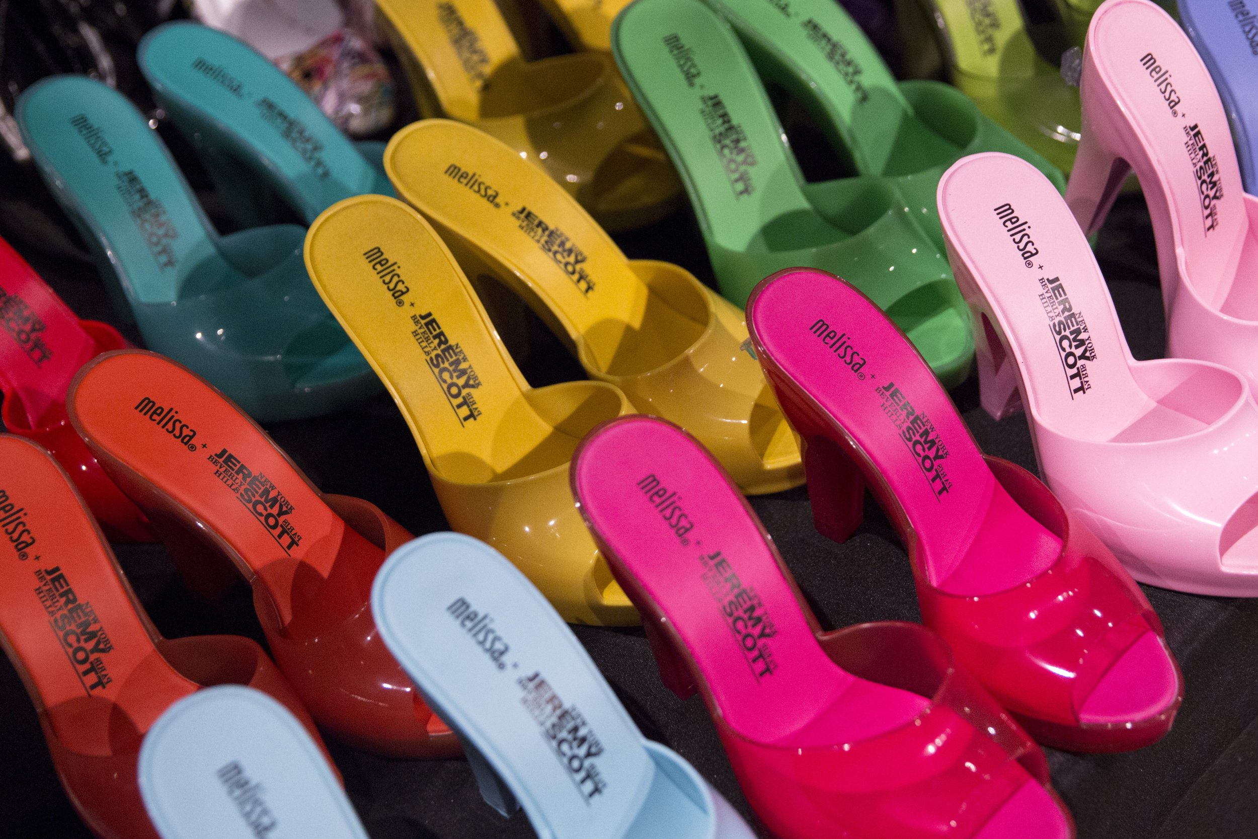 1202 Shoes are lined up backstage before the Jeremy Scott SpringSummer 2016 collection 