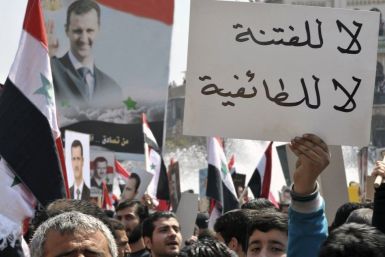 A pro-government demonstrator holds up a placard during a rally at the central bank square in Damascus
