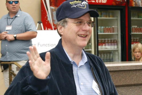 Microsoft co-founder Allen waves during lunch at Allen and Co. conference at Sun Valley Resort