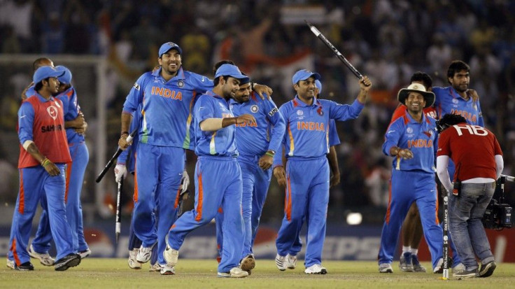 India's players celebrate after winning their ICC Cricket World Cup 2011 semi-final match against Pakistan in Mohali.