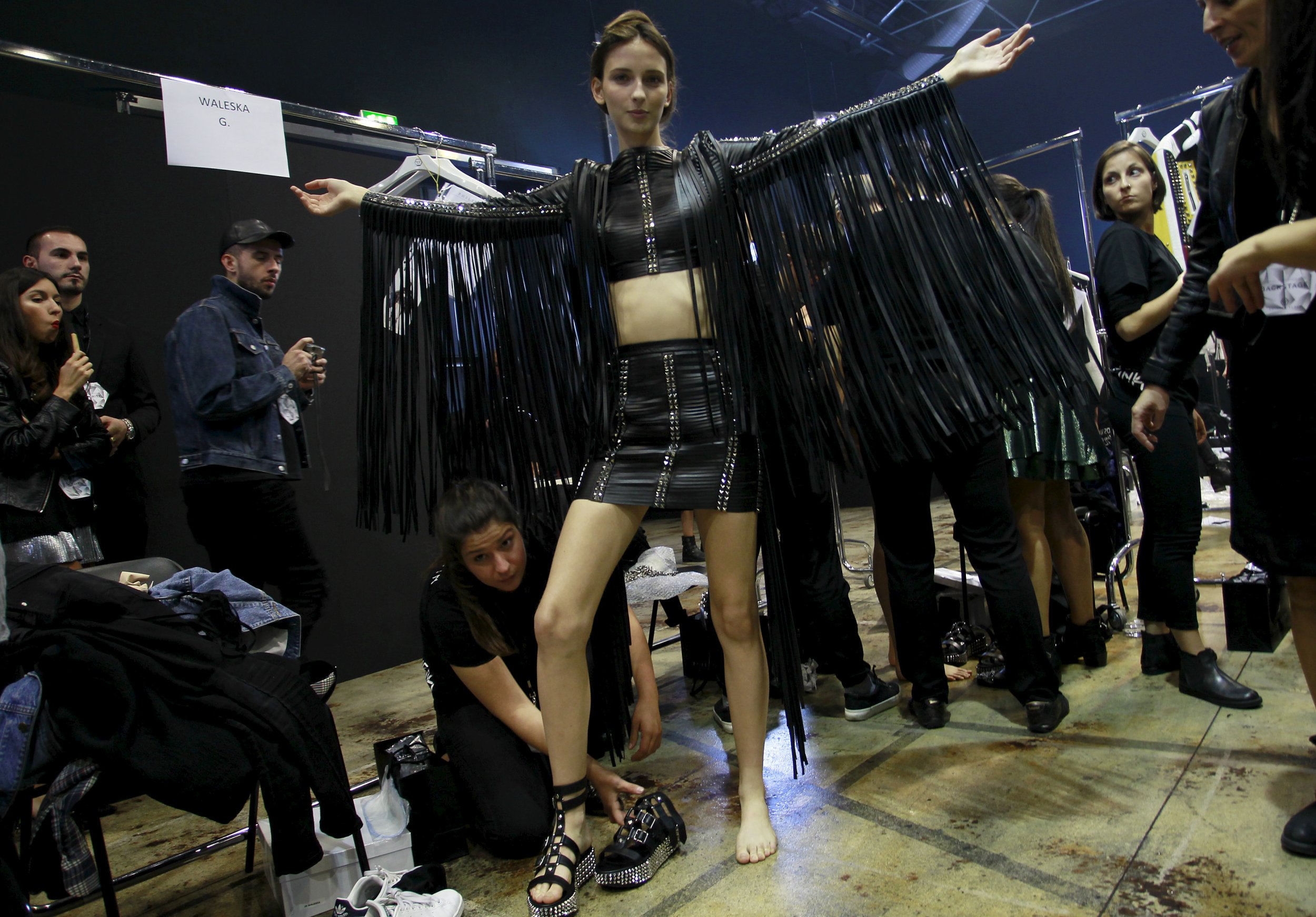 1329 A model backstage is pictured before the Philipp Plein SpringSummer 2016 