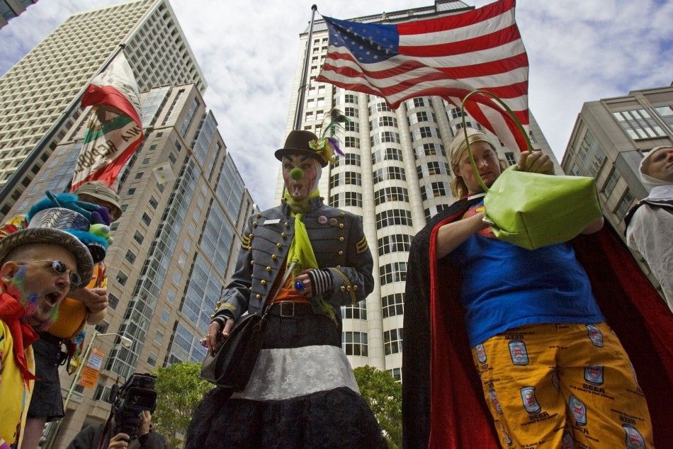 Members of First Church of Last Laugh march in 30th Annual St. Stupids Day Parade down streets of financial district 