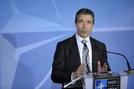 NATO Secretary General Rasmussen addresses a news conference on Libya at the Alliance headquarters in Brussels