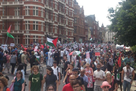 Scores of protesters throng the streets of central London. The march started outside Downing Route and will follow a route to the Israeli embassy in Kensington.