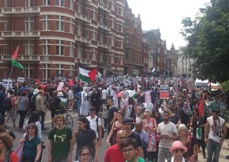 Scores of protesters throng the streets of central London. The march started outside Downing Route and will follow a route to the Israeli embassy in Kensington.